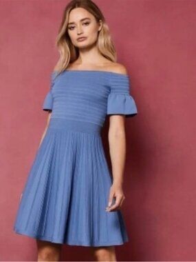 Ted Baker Criptum Bardot Frill Knitted Skater Dress Blue Ted Size 2 US Size 6
